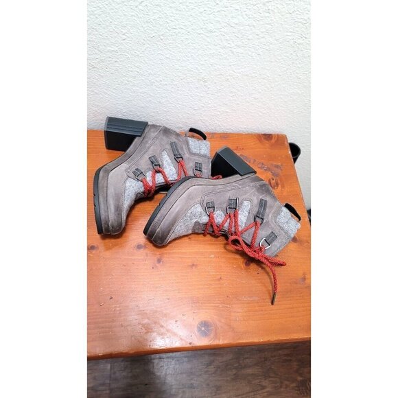 Sorel Block Heeled Pump Waterproof Boots Gray & Red Wool Leather Lace up ankle S - Picture 7 of 14